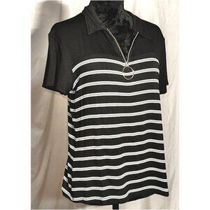 Espresso Knit Top, Black and White Striped, Zipper Henley, Medium